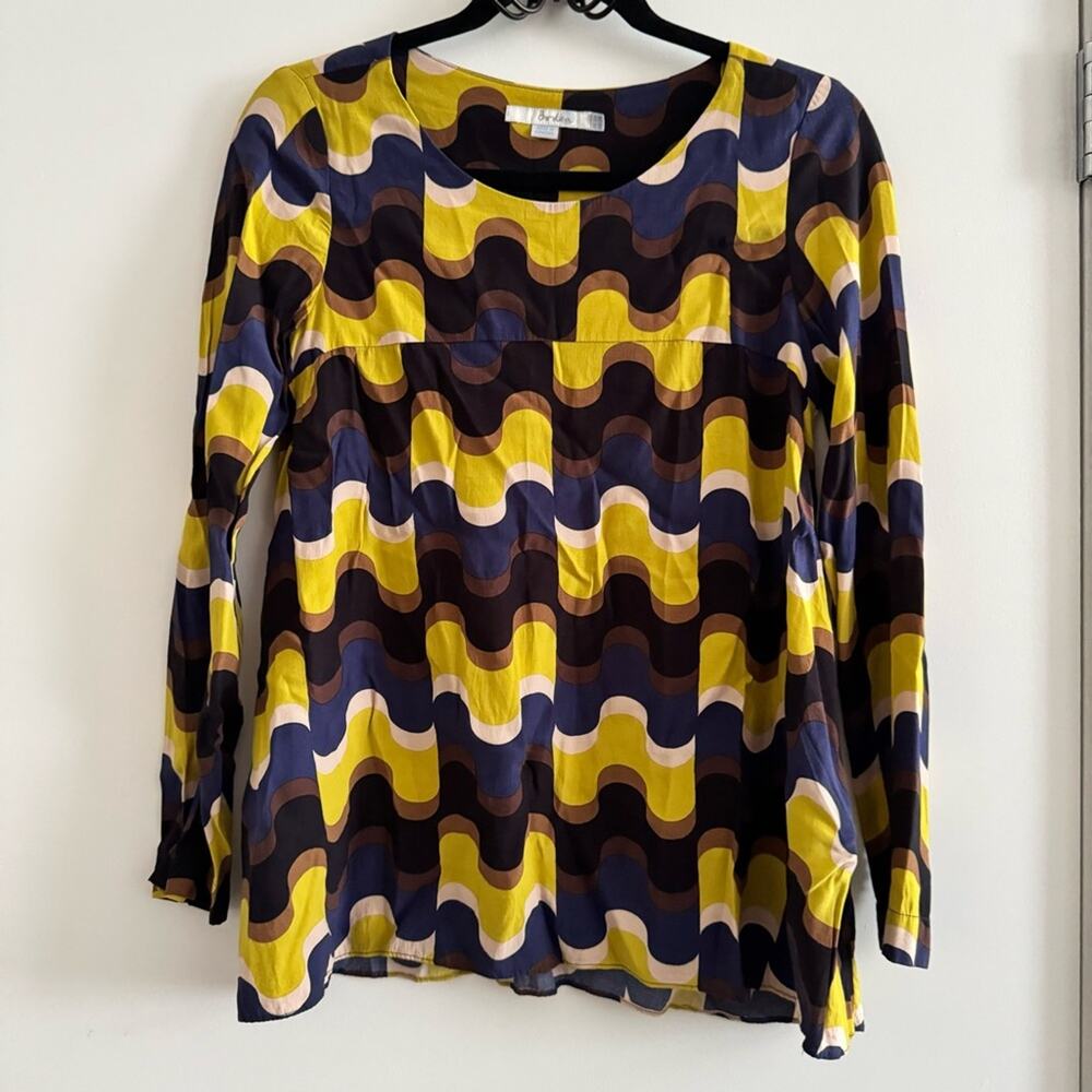 Boden Abstract Striped Yellow Blue Tan Black Long Sleeve Blouse Women's size 2
